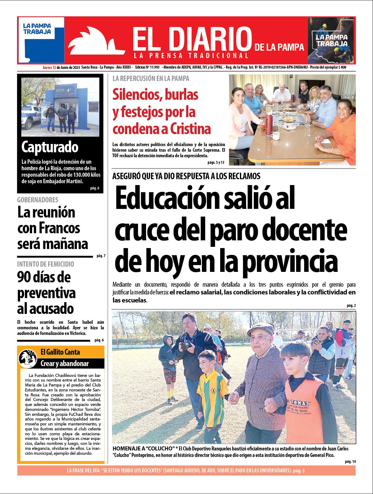Tapa de El Diario en papel  jueves 12 de junio de 2025